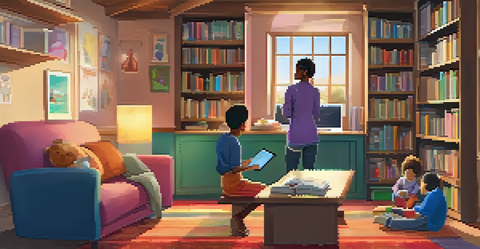 A child using a tablet for blended learning at home while a parent watches and supports, surrounded by books and learning materials.