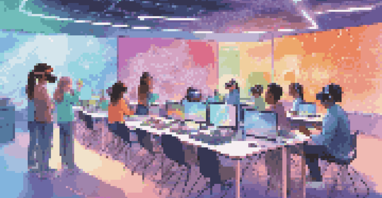 Students collaborating in a VR setting, surrounded by colorful holograms and a modern classroom atmosphere.