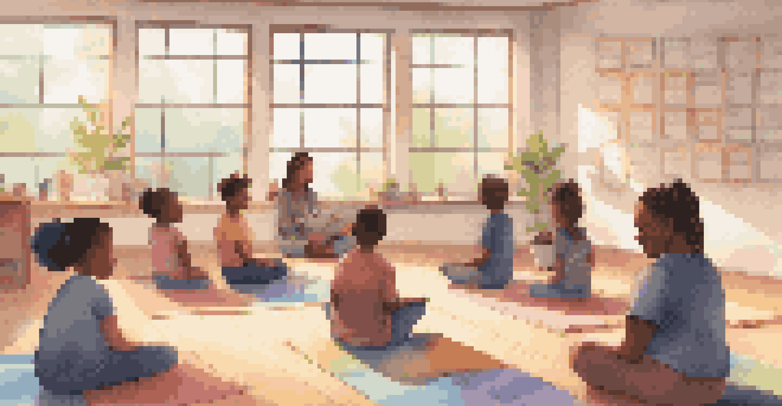 A classroom with students participating in a mindfulness workshop led by a teacher, creating a peaceful and inclusive environment.