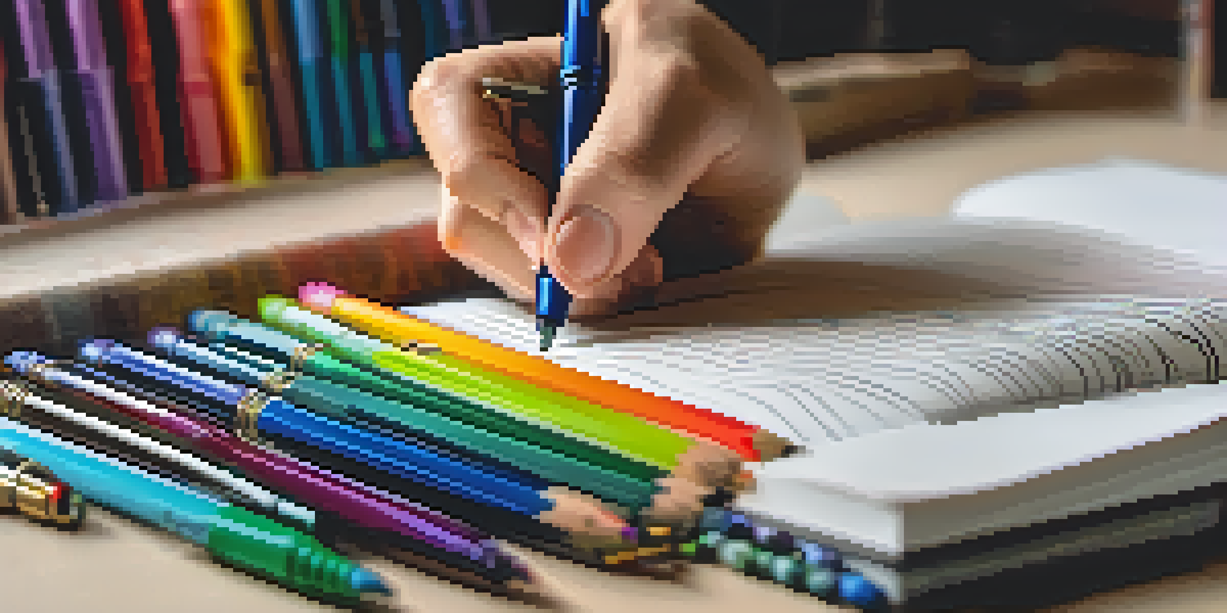 A hand writing in a notebook with colorful pens scattered around, the background softly blurred.