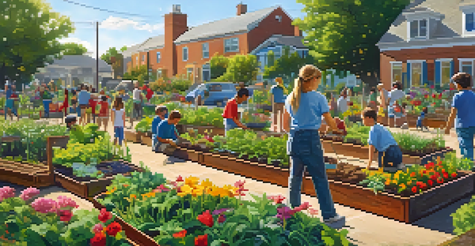 A community garden filled with diverse people planting vegetables and flowers, with children playing in the background.