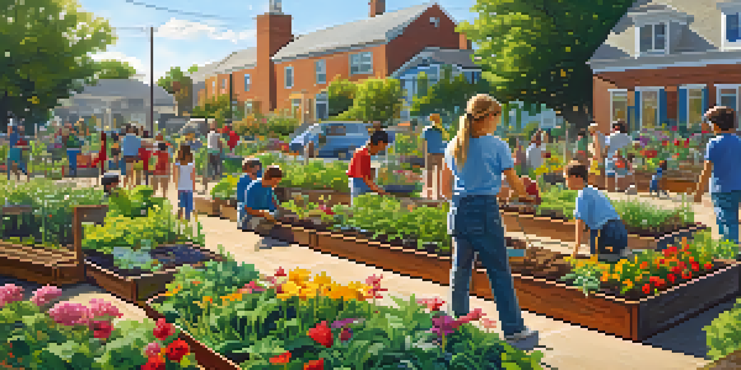 A community garden filled with diverse people planting vegetables and flowers, with children playing in the background.