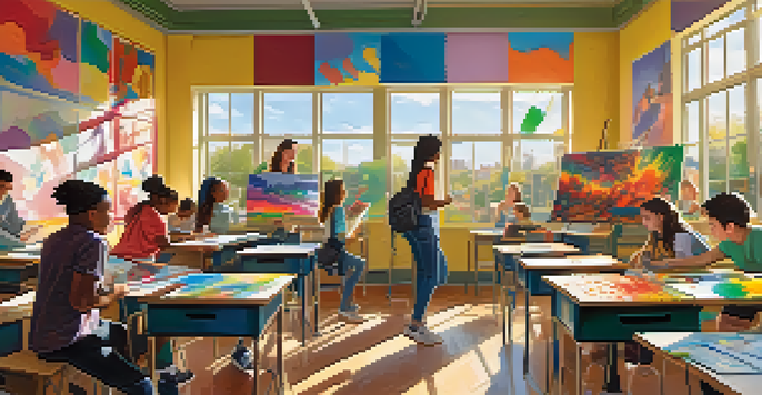 A diverse group of students in a bright classroom collaborating on an art project, surrounded by colorful artwork.