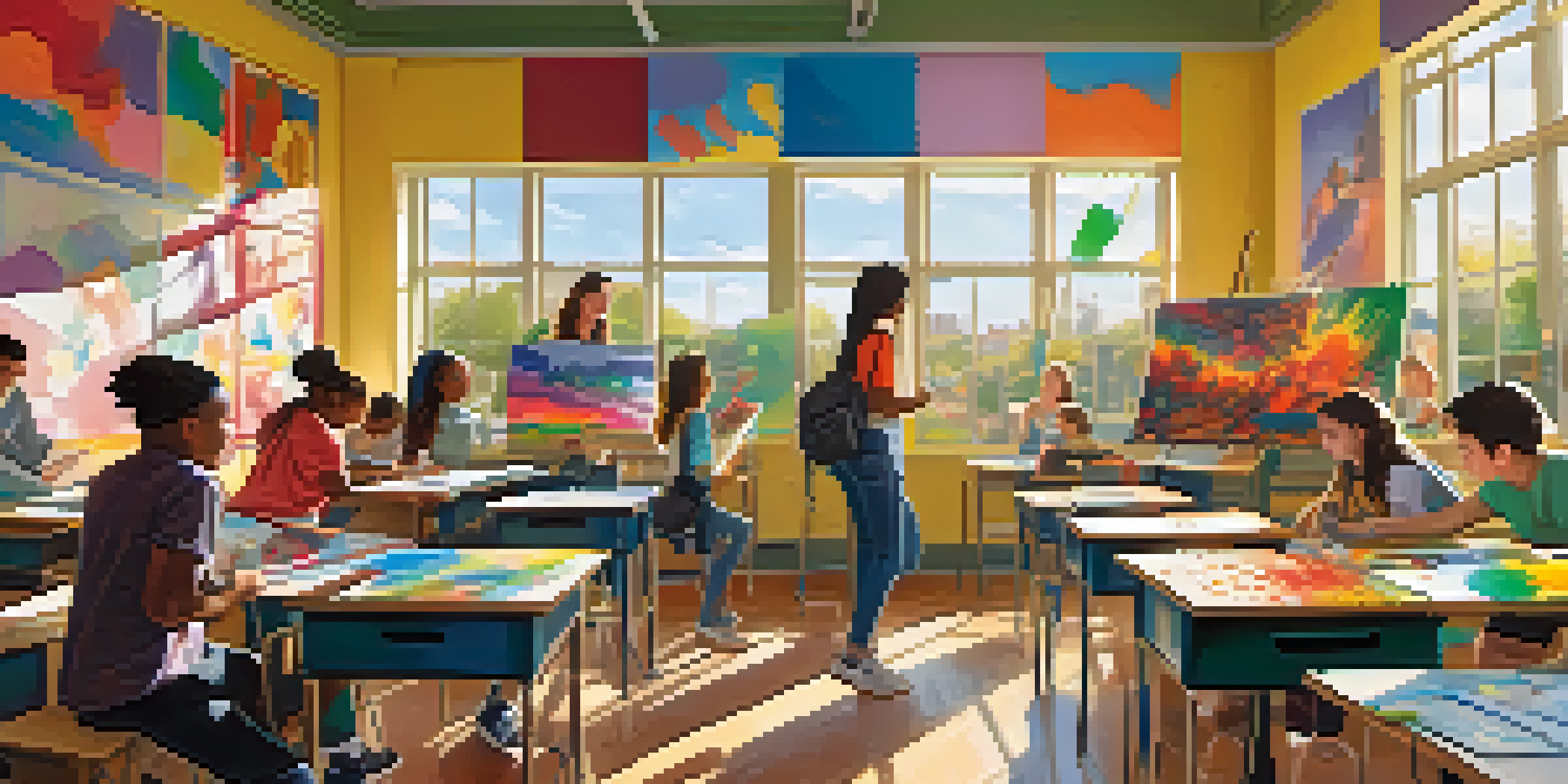 A diverse group of students in a bright classroom collaborating on an art project, surrounded by colorful artwork.