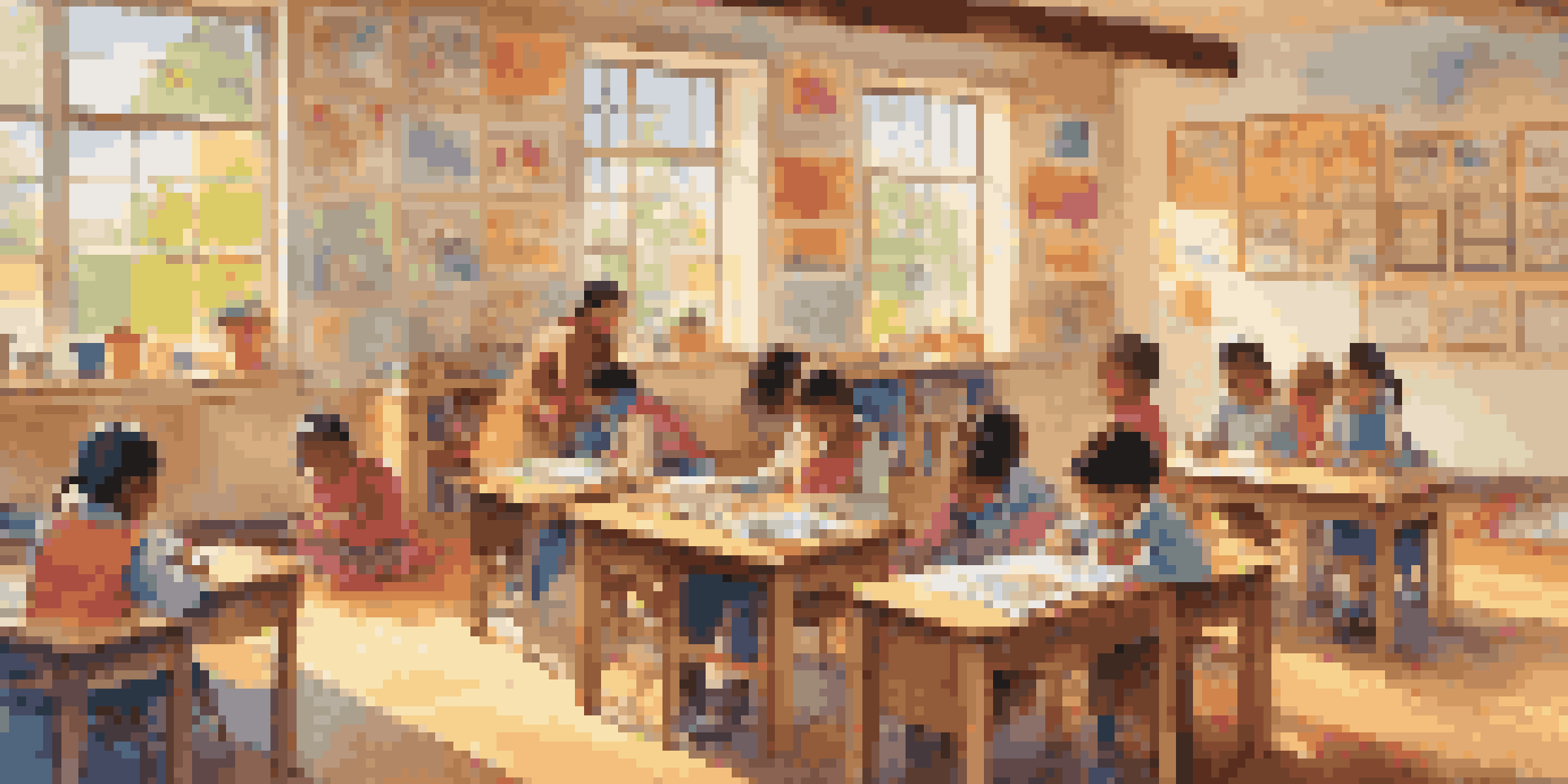 A colorful classroom scene with children participating in different educational activities, filled with sunlight and a cheerful atmosphere.