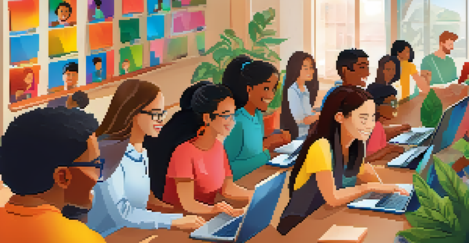 A diverse group of learners participating in an online classroom session, with a laptop showing their faces and an inviting background.