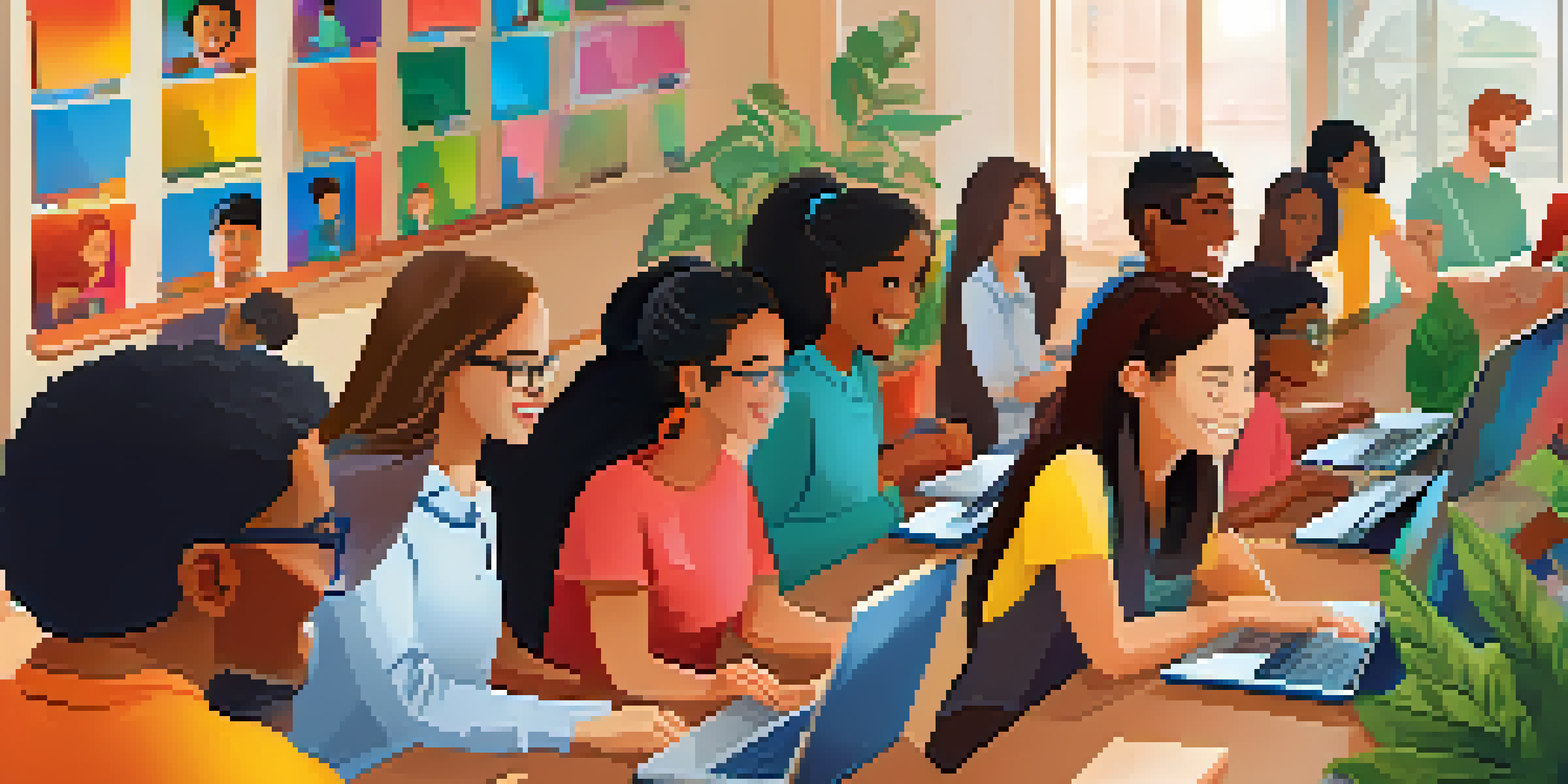 A diverse group of learners participating in an online classroom session, with a laptop showing their faces and an inviting background.