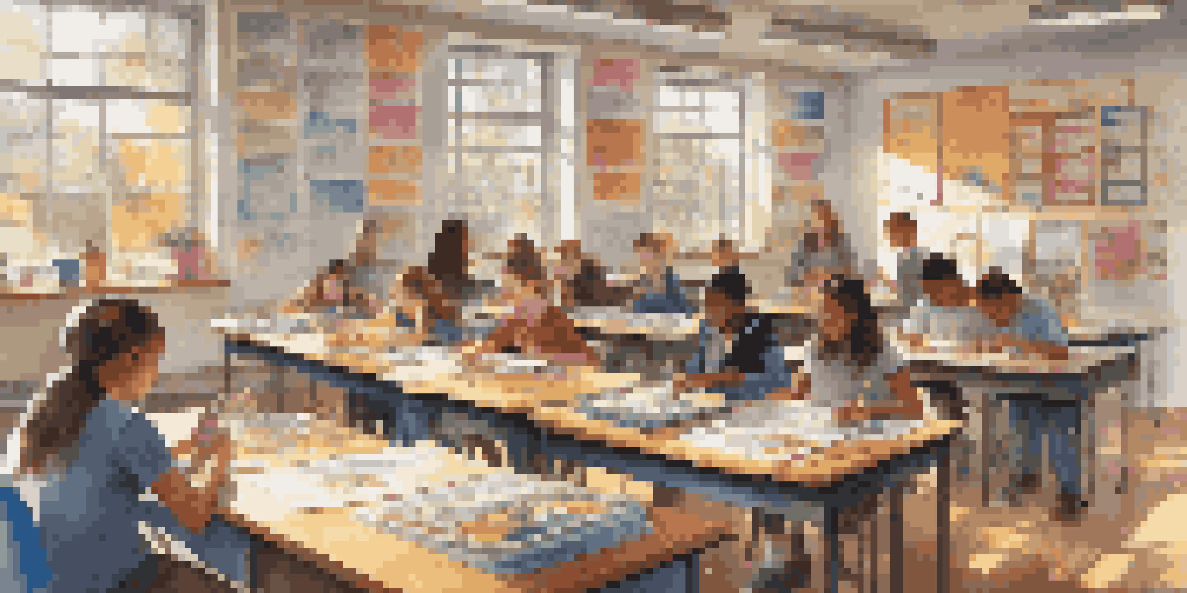 A classroom filled with students working together on a project, with colorful badges on their desks and sunlight streaming through the windows.