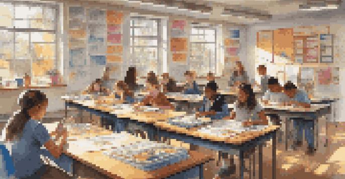 A classroom filled with students working together on a project, with colorful badges on their desks and sunlight streaming through the windows.