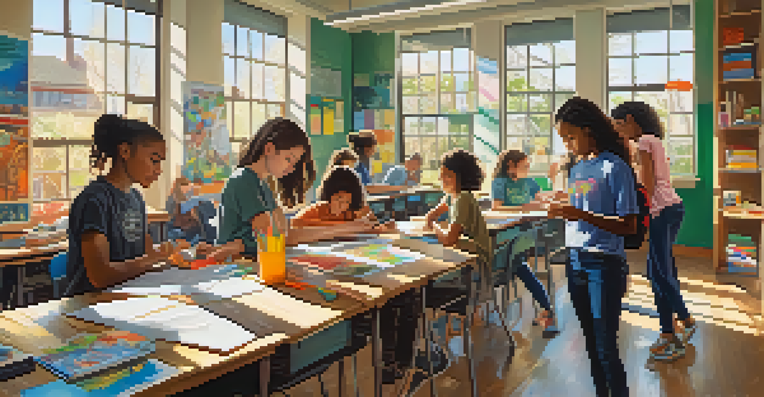 A lively classroom where students are actively working together on a project, surrounded by colorful posters and art supplies.