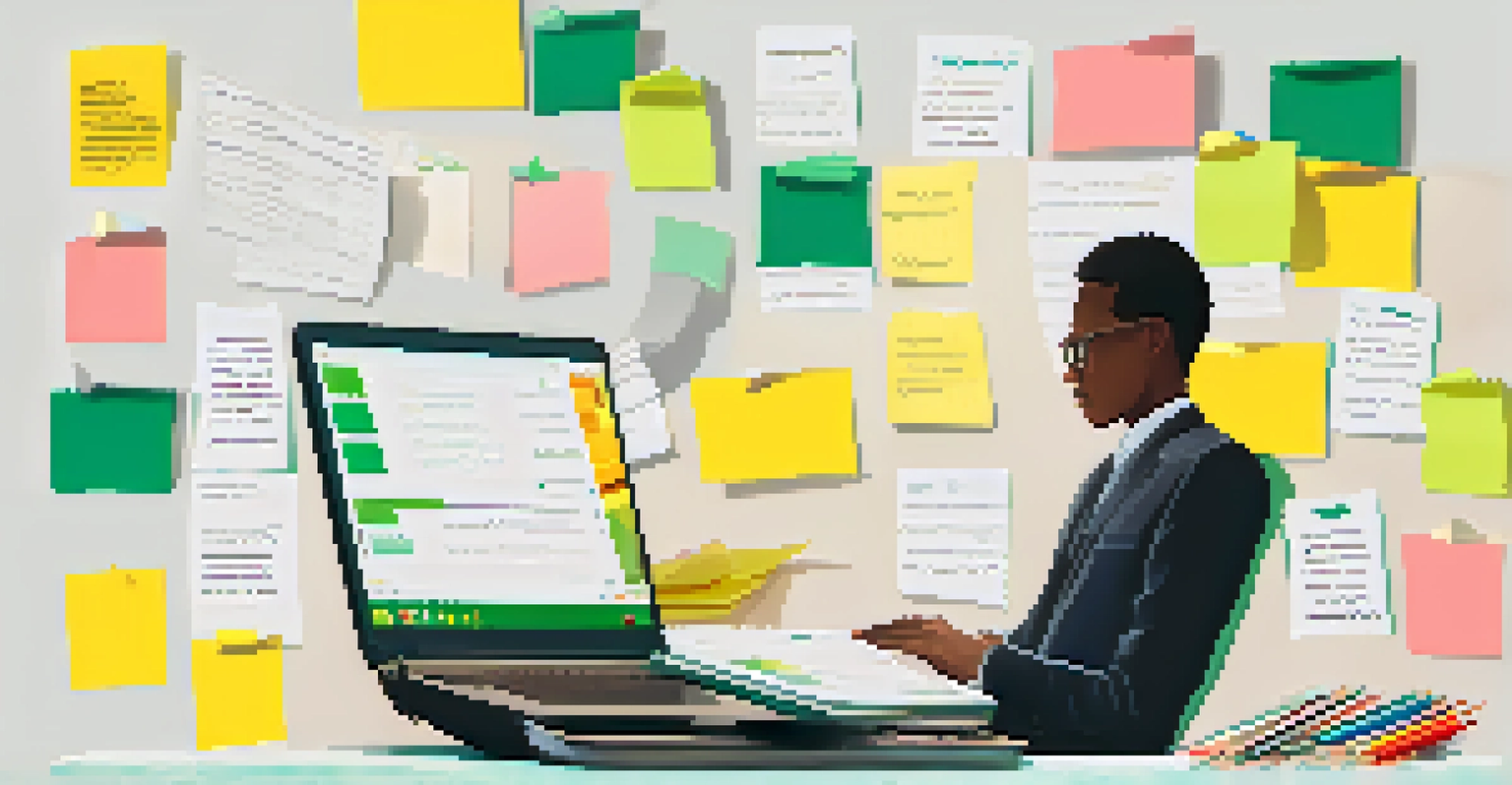 Close-up of hands typing on a laptop with sticky notes and a cup of coffee, representing collaborative learning and teamwork.