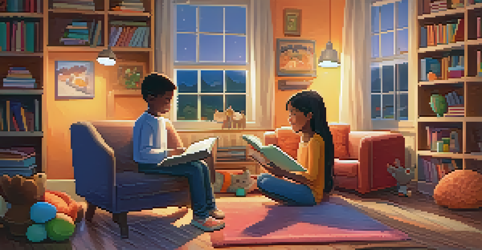 A parent reading a book with their child in a cozy room filled with warm lighting and colorful bookshelves, showcasing a learning environment.