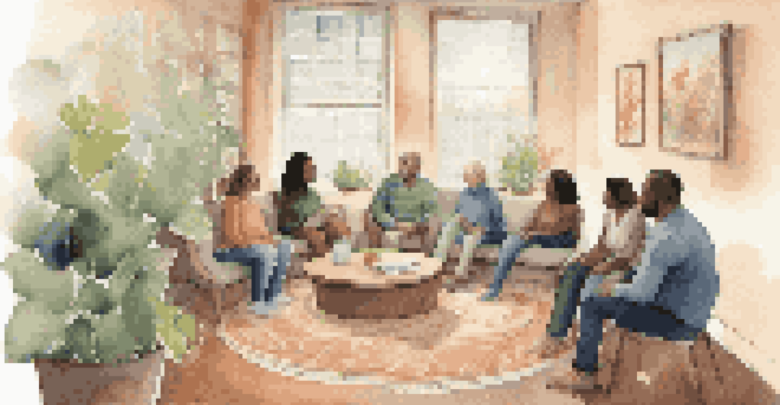 A cozy group therapy session with participants sharing and role-playing, surrounded by plants and warm lighting.