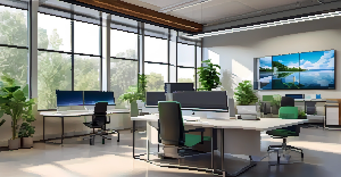 A modern office space designed for remote training, showcasing a digital screen with LMS content, comfortable seating, and plants.