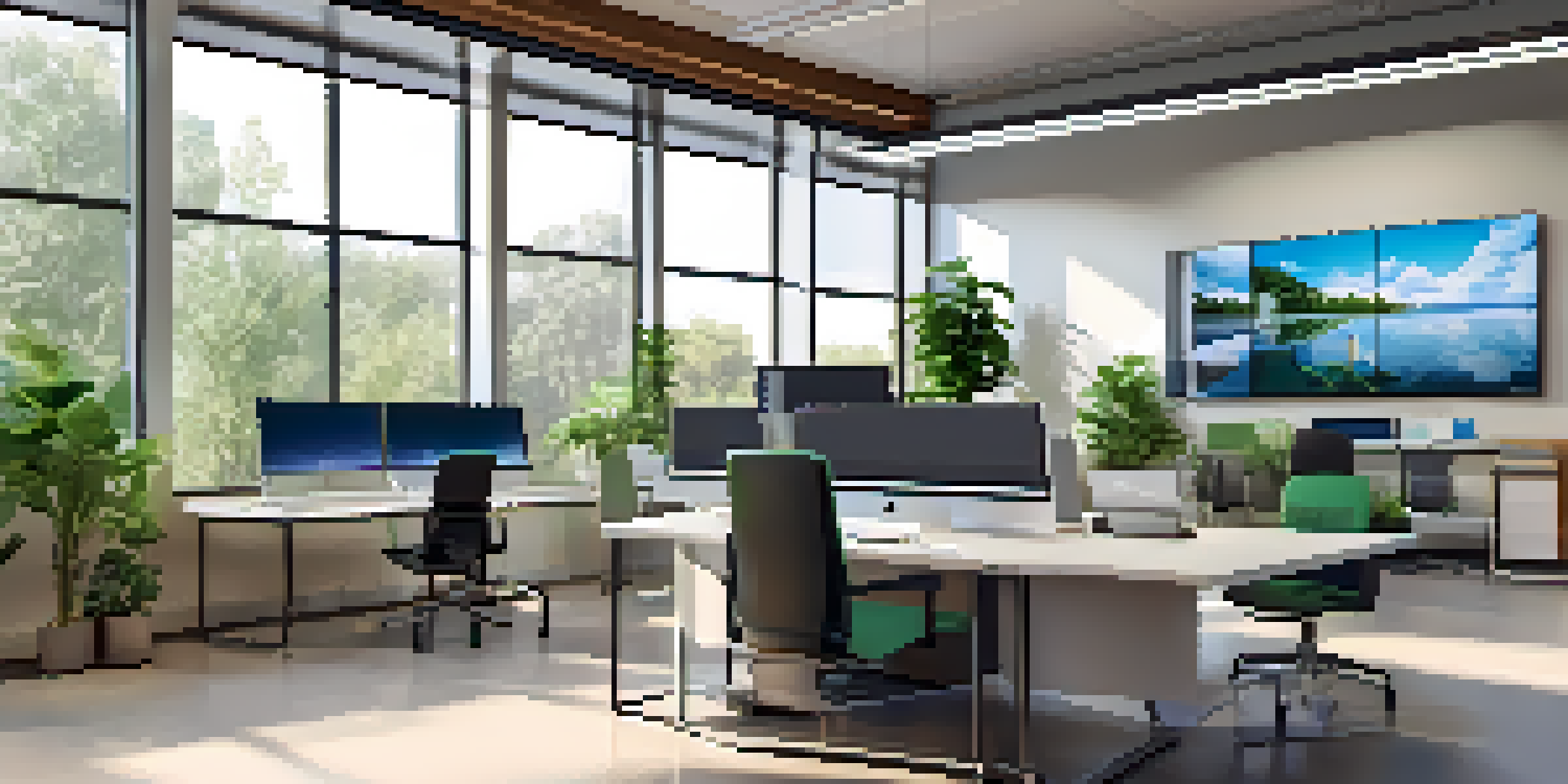 A modern office space designed for remote training, showcasing a digital screen with LMS content, comfortable seating, and plants.