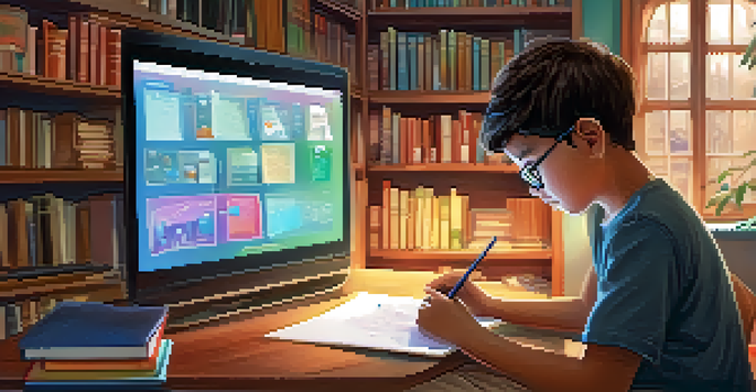 A student using a tablet to engage with visual learning materials in a cozy study space.