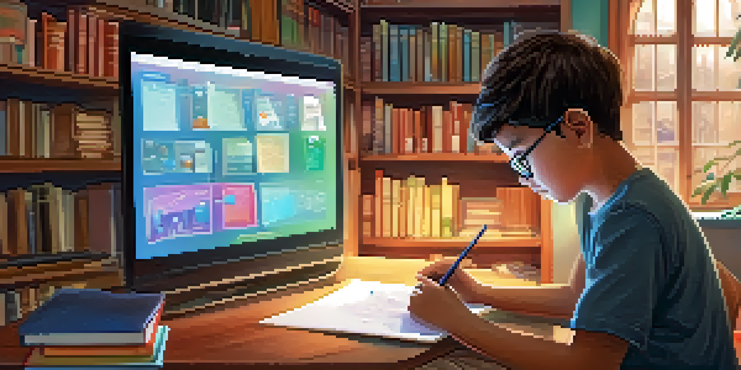 A student using a tablet to engage with visual learning materials in a cozy study space.