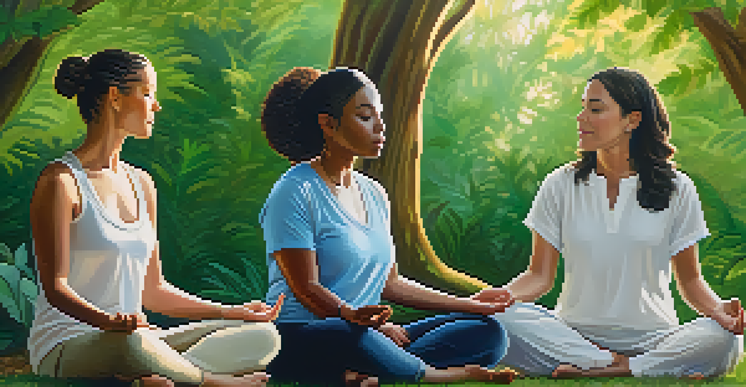 A diverse group of teachers meditating together outdoors in a peaceful green setting.