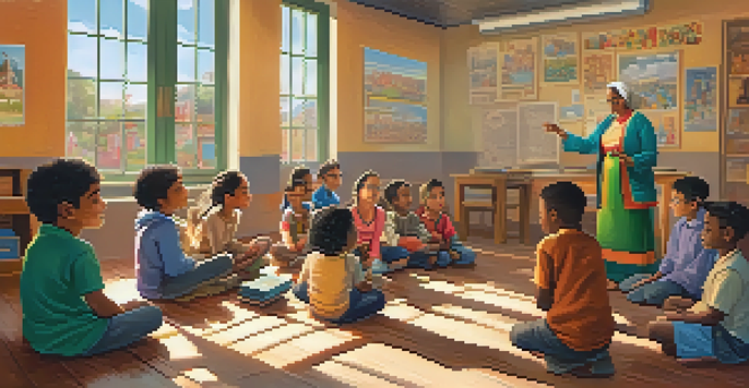 A diverse group of children and an elderly storyteller in a bright classroom, all engaged in storytelling.