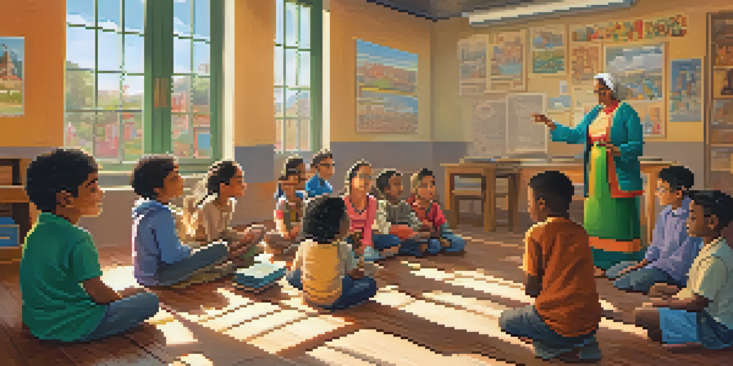 A diverse group of children and an elderly storyteller in a bright classroom, all engaged in storytelling.