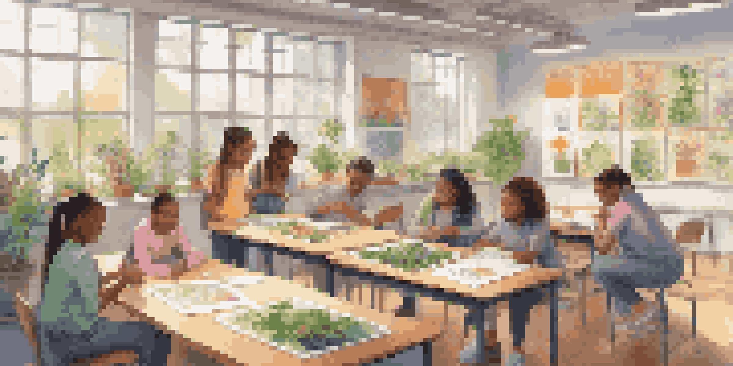 A diverse group of students in a bright classroom working together on a project, with plants and art supplies around them.