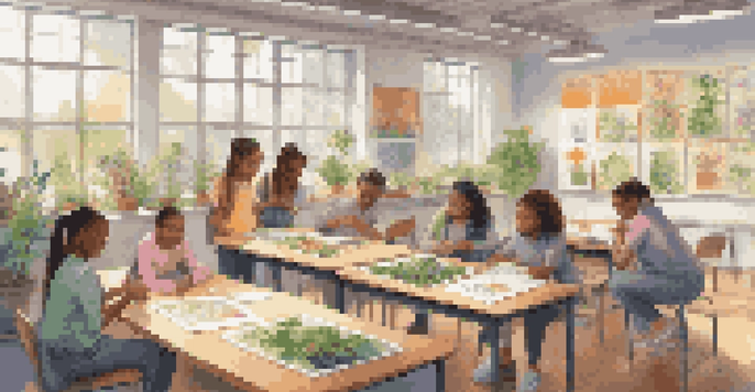 A diverse group of students in a bright classroom working together on a project, with plants and art supplies around them.