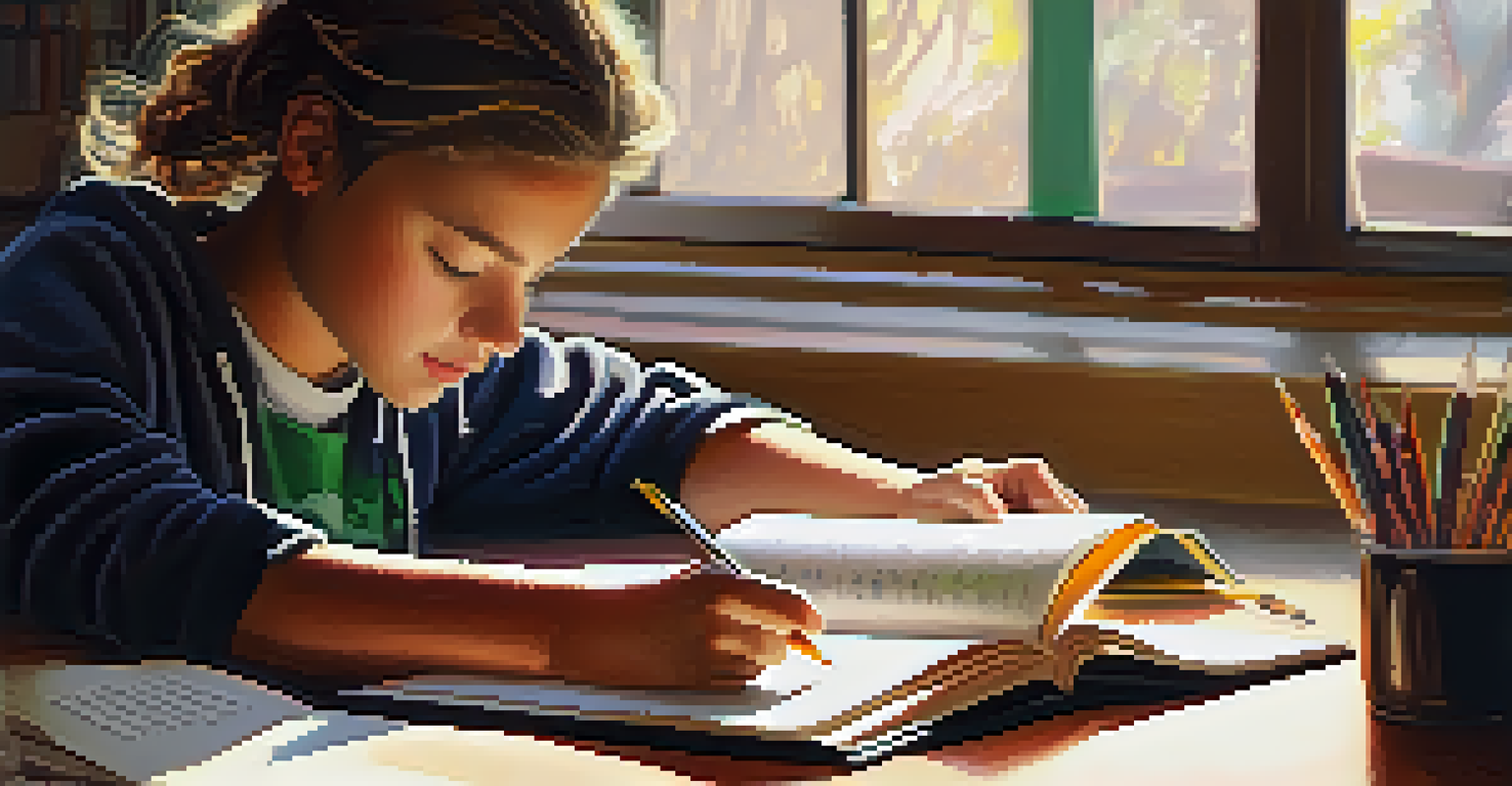 A close-up of a student's hands writing in a reflective journal filled with sketches and notes, with soft sunlight creating a warm atmosphere in the background.