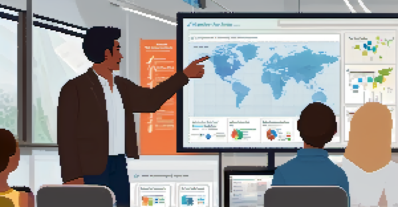 An educator analyzing real-time assessment data on a smart board while students use laptops and tablets in a modern classroom.