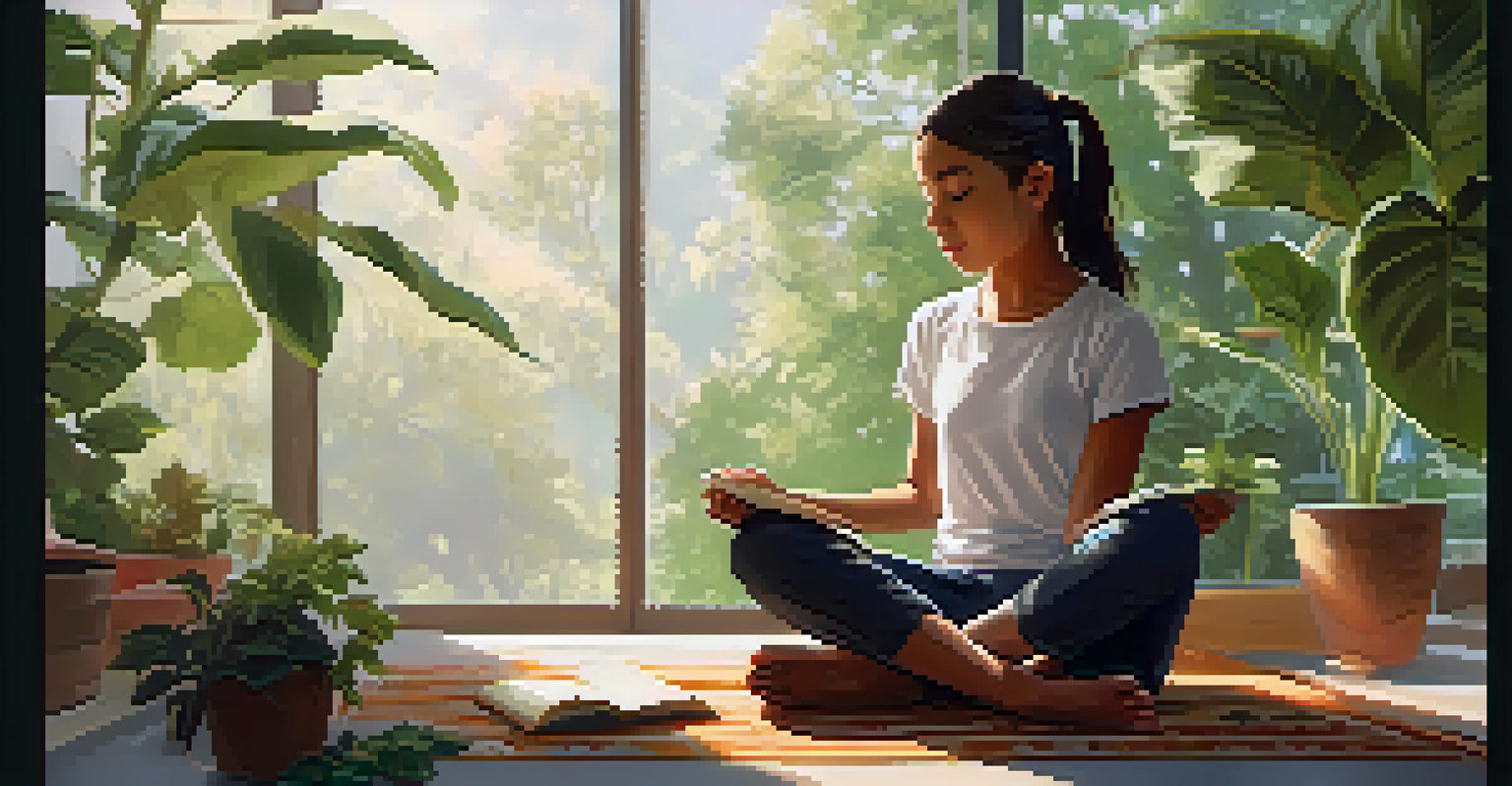 A student meditating on a rug surrounded by plants, creating a peaceful atmosphere.
