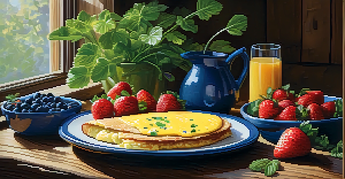 A nutritious breakfast with an omelet, whole grain toast, and fresh fruits, presented on a wooden table under natural light.