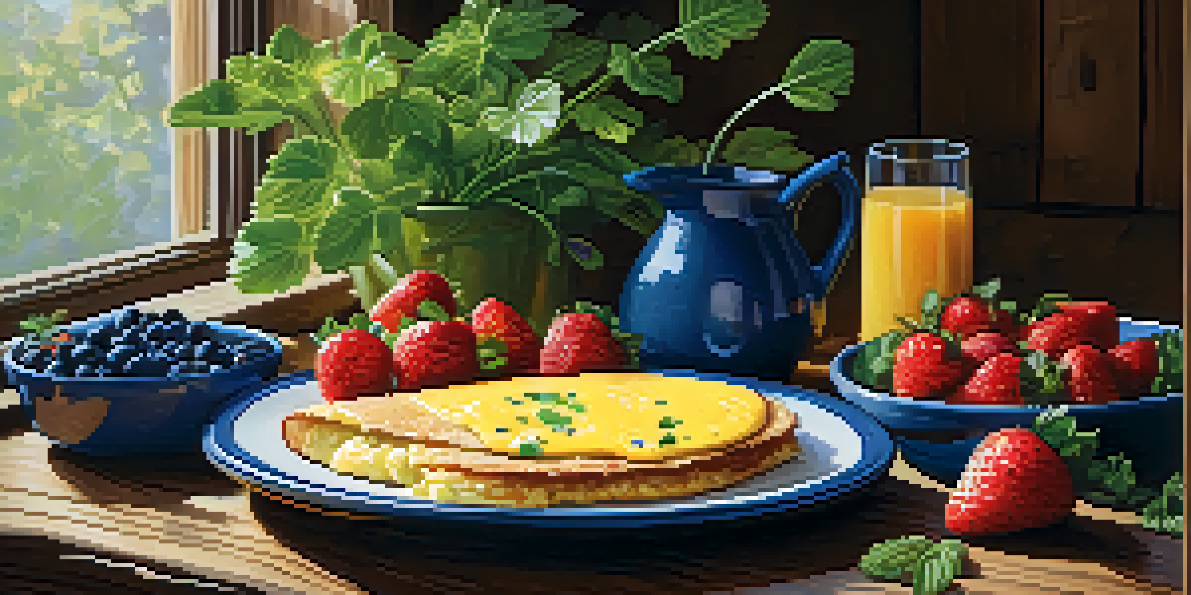 A nutritious breakfast with an omelet, whole grain toast, and fresh fruits, presented on a wooden table under natural light.