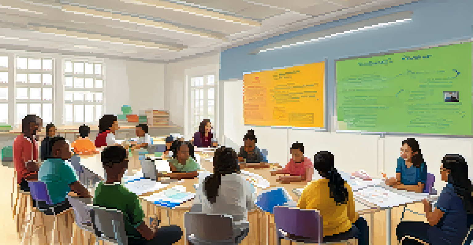 A collaborative workshop in a community center with parents and teachers discussing student development, surrounded by educational materials.