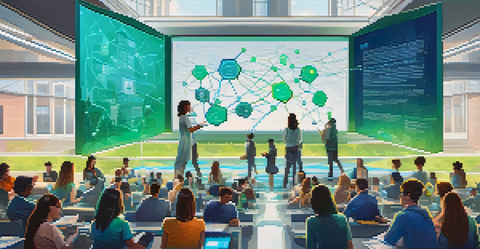 An illustration of a blockchain network with educational institutions connected by digital diplomas, set against a modern university campus.