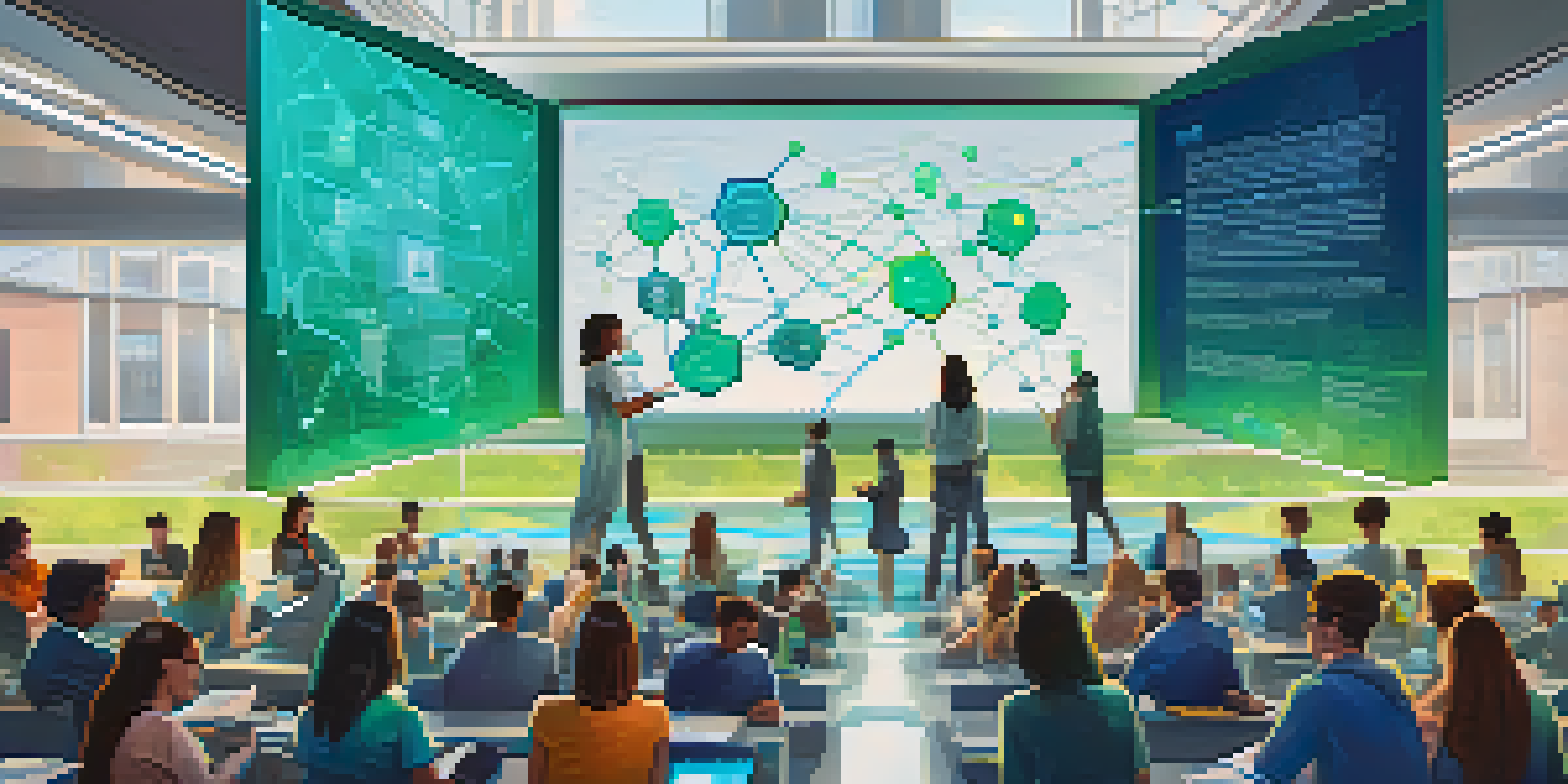 An illustration of a blockchain network with educational institutions connected by digital diplomas, set against a modern university campus.