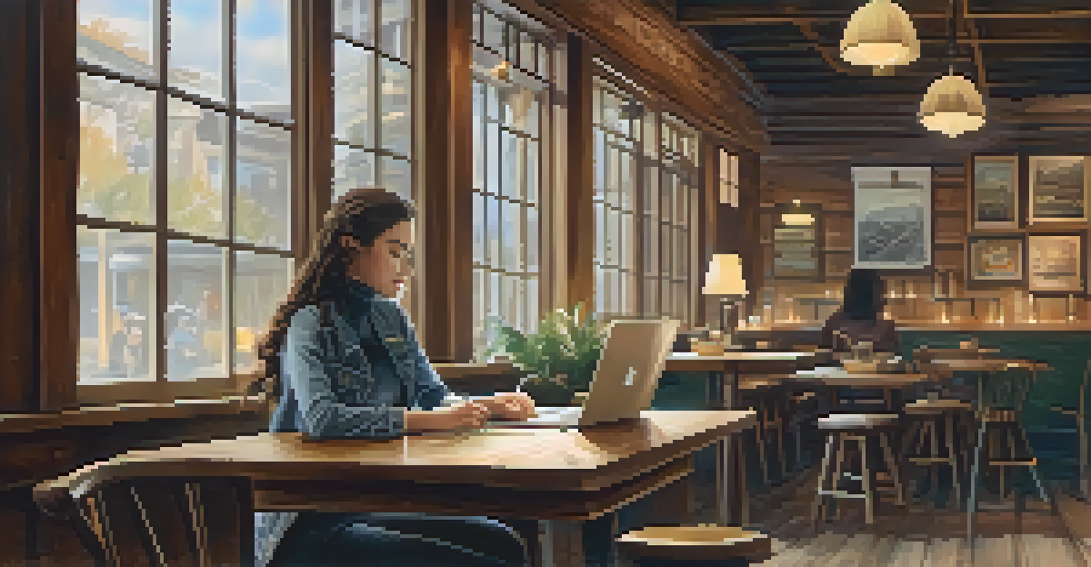 A young woman studying in a cozy coffee shop with a laptop and a cup of coffee, surrounded by warm wooden furniture.