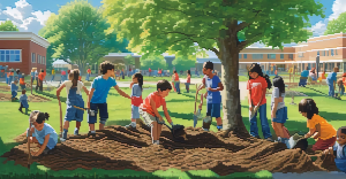 Students engaging in a tree planting activity in a bright schoolyard, surrounded by greenery and flowers.