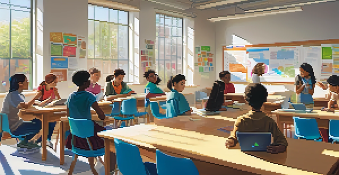 A diverse group of students in a colorful classroom, engaged in a collaborative discussion with laptops, under bright sunlight.