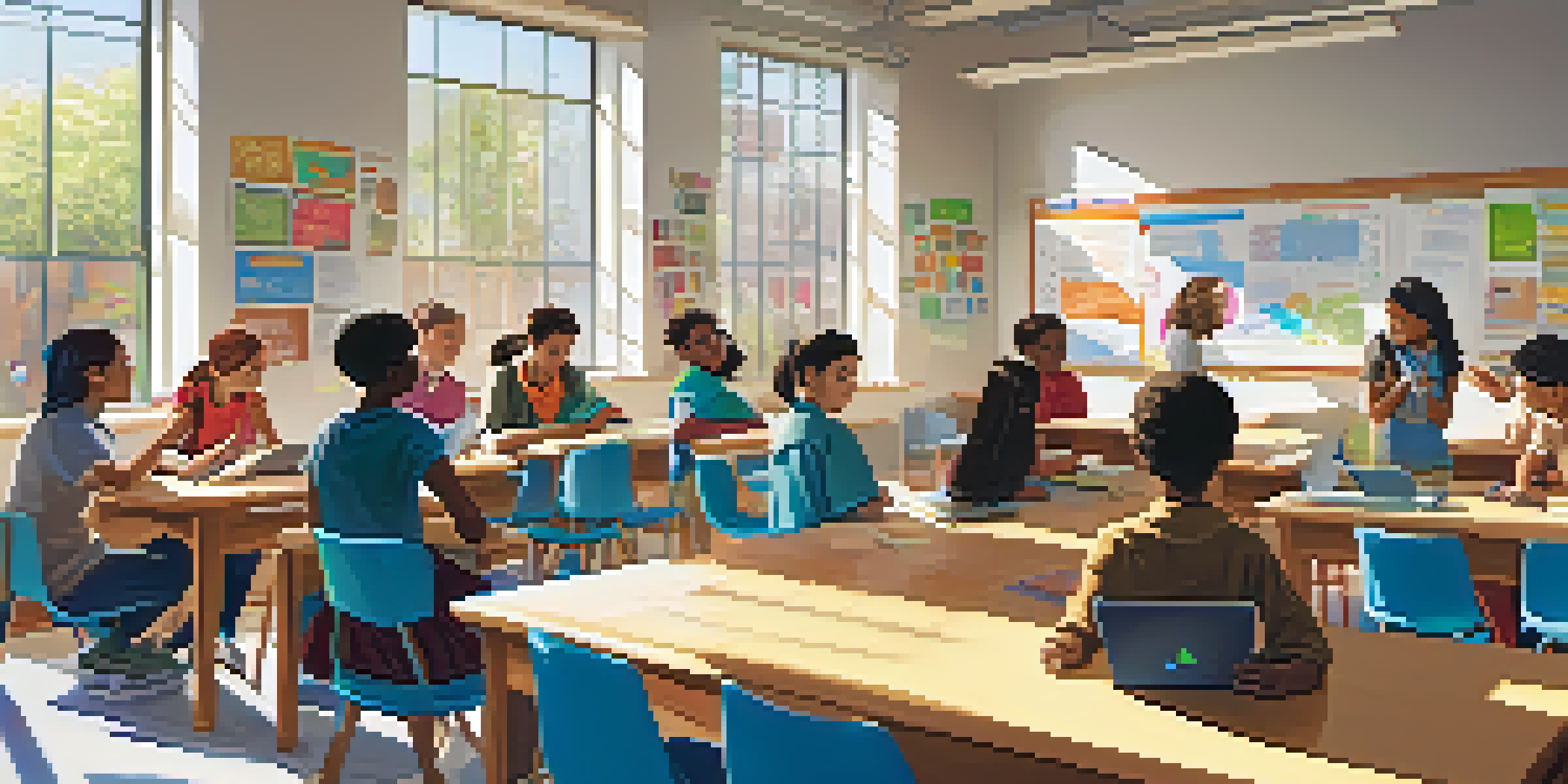 A diverse group of students in a colorful classroom, engaged in a collaborative discussion with laptops, under bright sunlight.