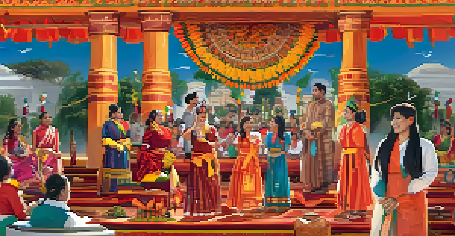 Students presenting their cultural traditions in an online celebration, with a colorful digital background of cultural landmarks.
