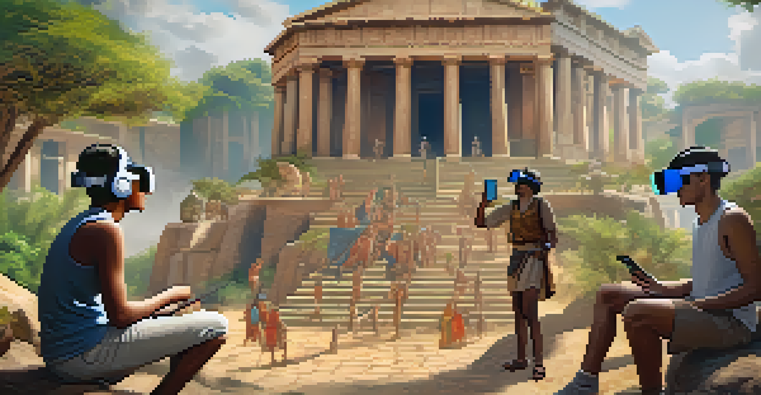 Students wearing VR headsets exploring an ancient civilization in a vibrant, immersive environment, demonstrating interactive learning.