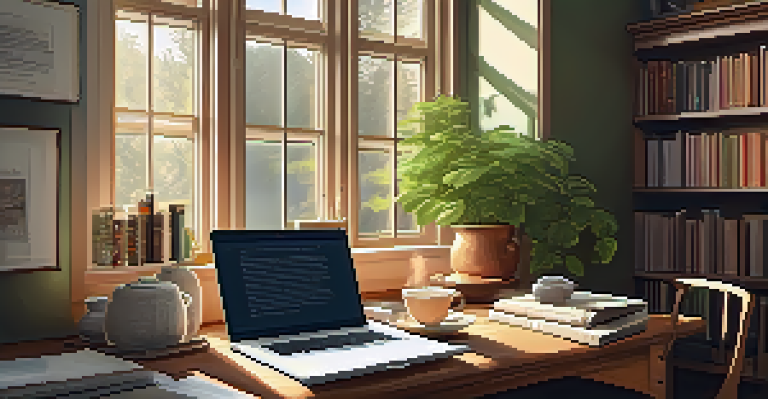 A cozy study desk with books, a laptop, and a cup of tea, illuminated by natural light coming through a window.