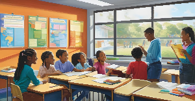 A classroom with diverse students participating in a learning activity, a teacher is giving positive reinforcement, creating a supportive environment.