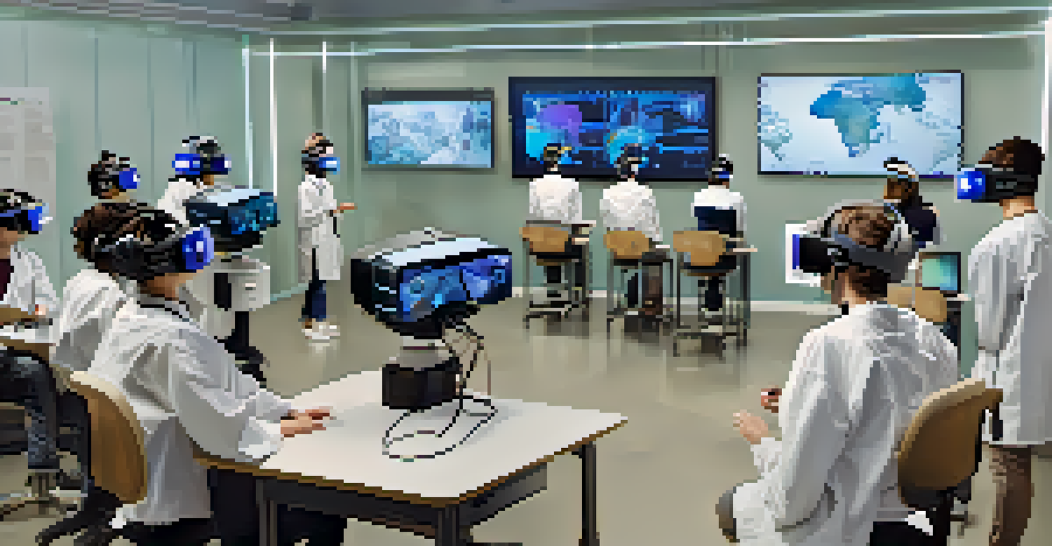 Students using virtual reality headsets in a classroom to practice medical surgery simulations.