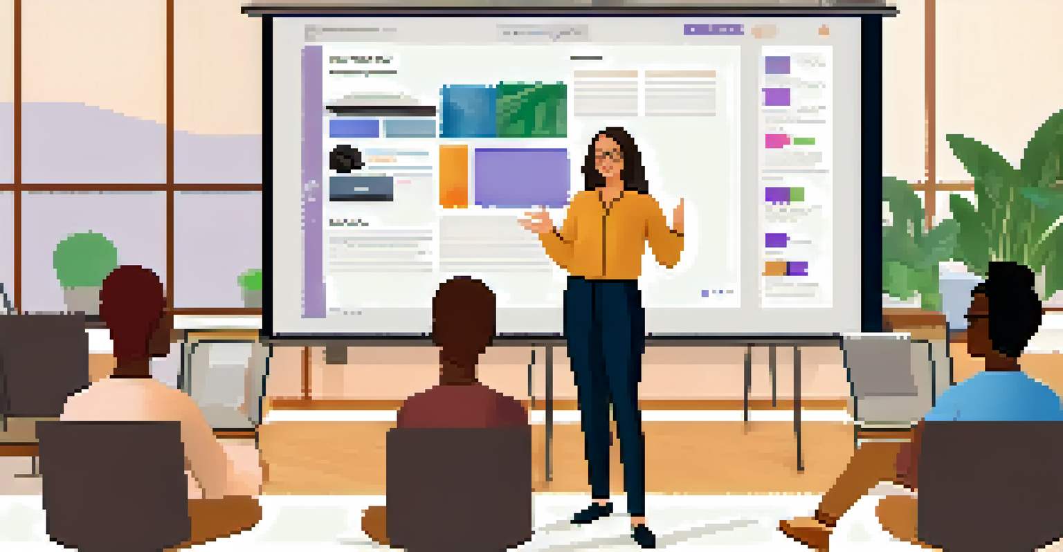 An instructor in a modern classroom setting leading an engaging online session with technology tools and multimedia content.