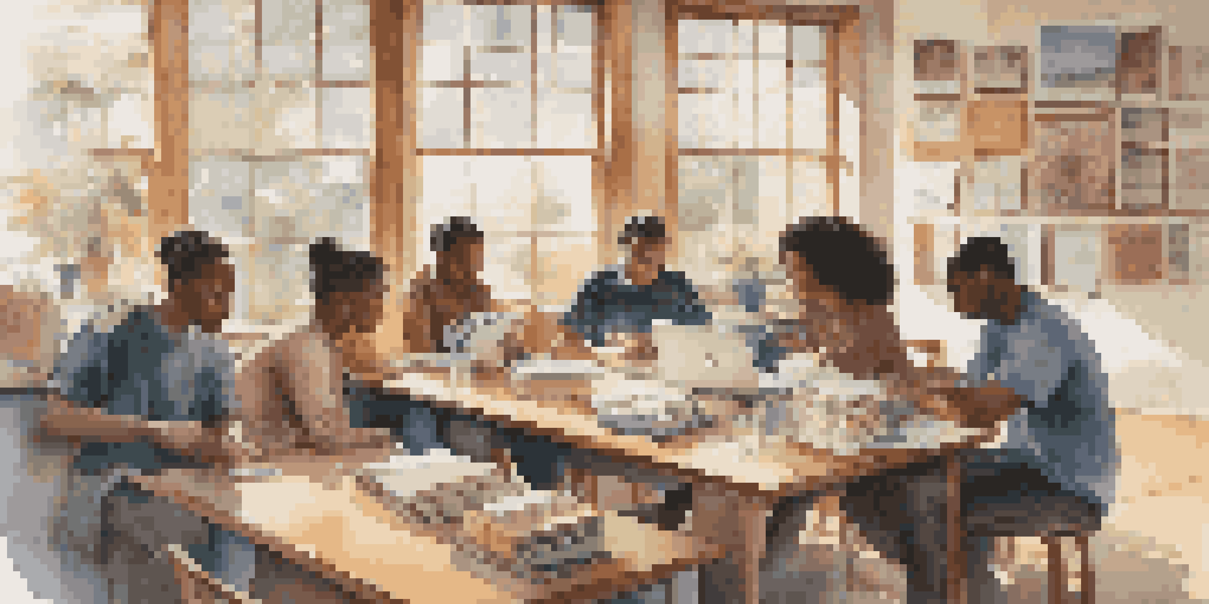 A diverse group of students collaborating around a table with open books and laptops, in a bright classroom setting.