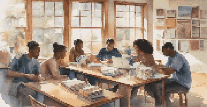 A diverse group of students collaborating around a table with open books and laptops, in a bright classroom setting.