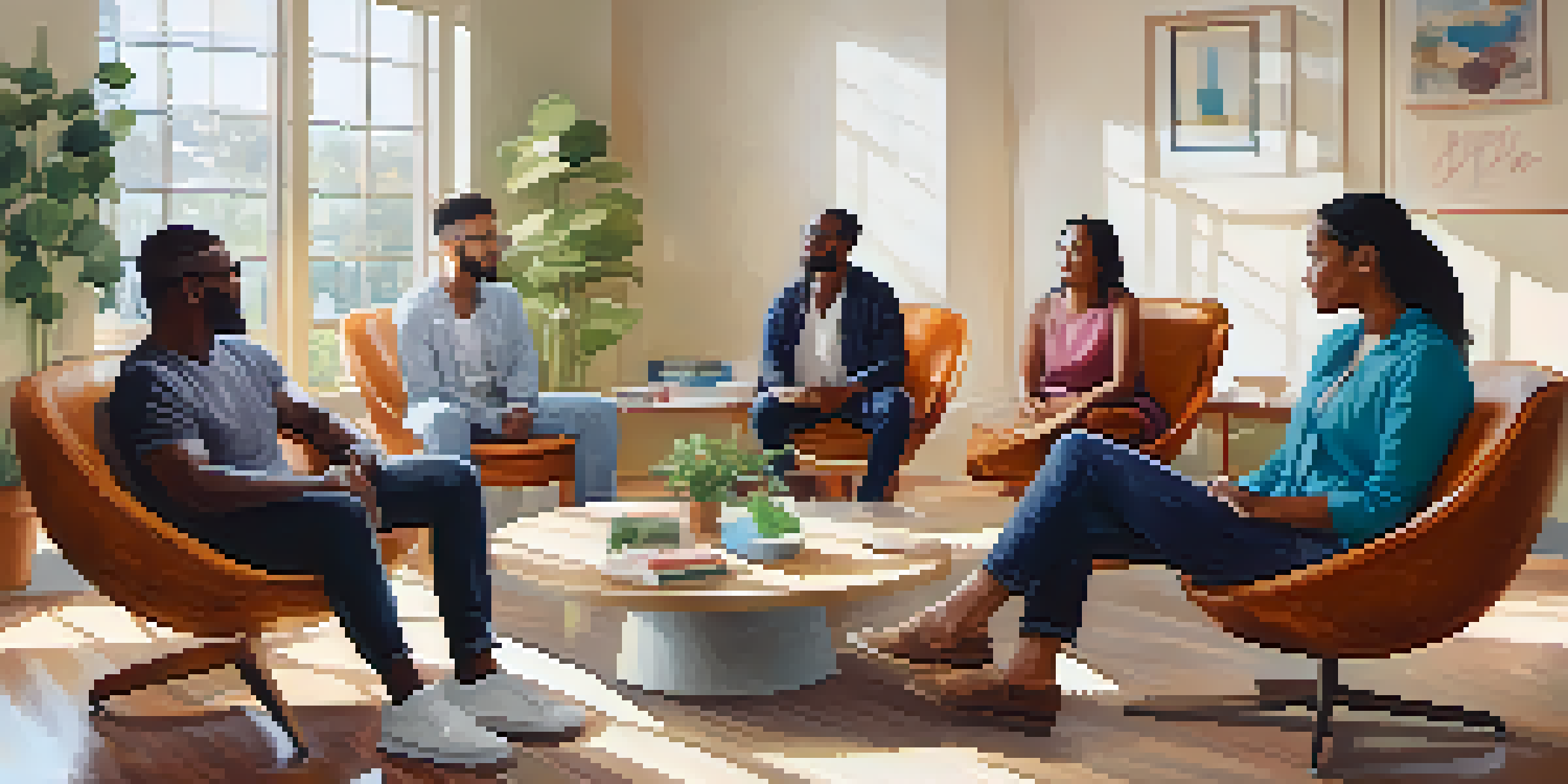 A group of people in a circle sharing experiences during a therapy session, highlighting diversity and support.