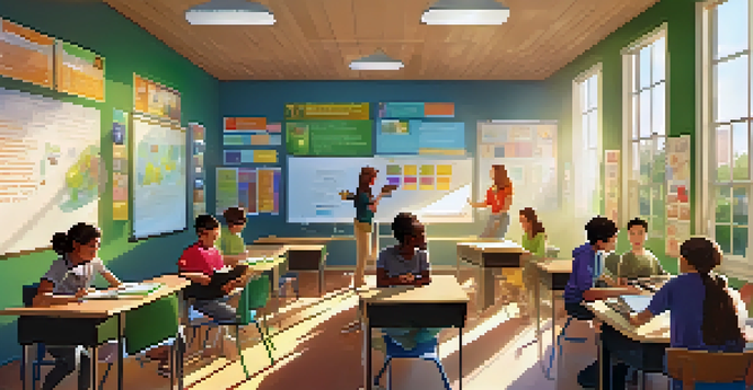 A diverse group of students in a bright classroom, actively using tablets and smartphones for learning, with educational posters and a digital whiteboard.