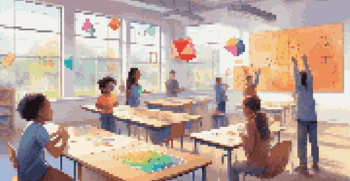 A classroom filled with students engaging with augmented reality math tools, with a focus on one student wearing AR glasses viewing a 3D geometric shape.