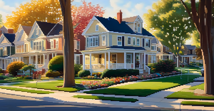 A peaceful residential neighborhood at sunset with family homes and children playing.